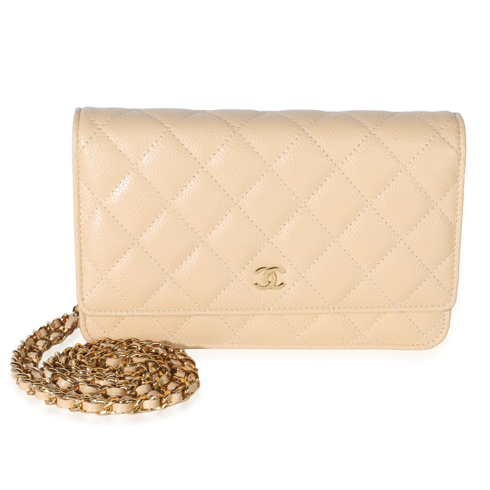 Chanel Beige Quilted Caviar Classic Wallet On Chain